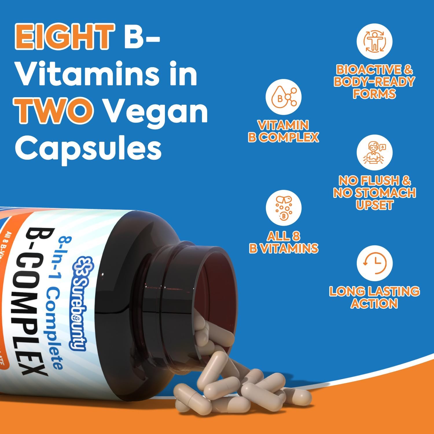 Super B Complex Vitamins Capsules for Women & Men - 8-in-1 Vitamin B Complex with B12, Biotin, Folate - Energy & Nerve Support - 60 Capsules