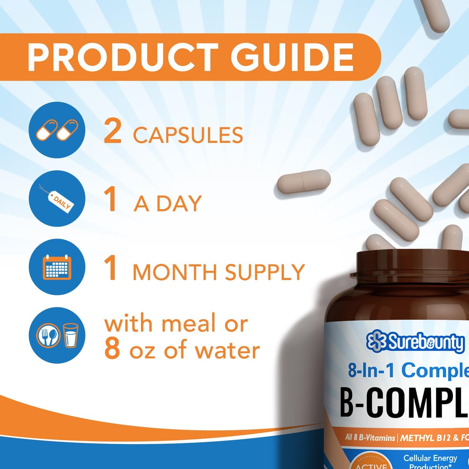 Super B Complex Vitamins Capsules for Women & Men - 8-in-1 Vitamin B Complex with B12, Biotin, Folate - Energy & Nerve Support - 60 Capsules