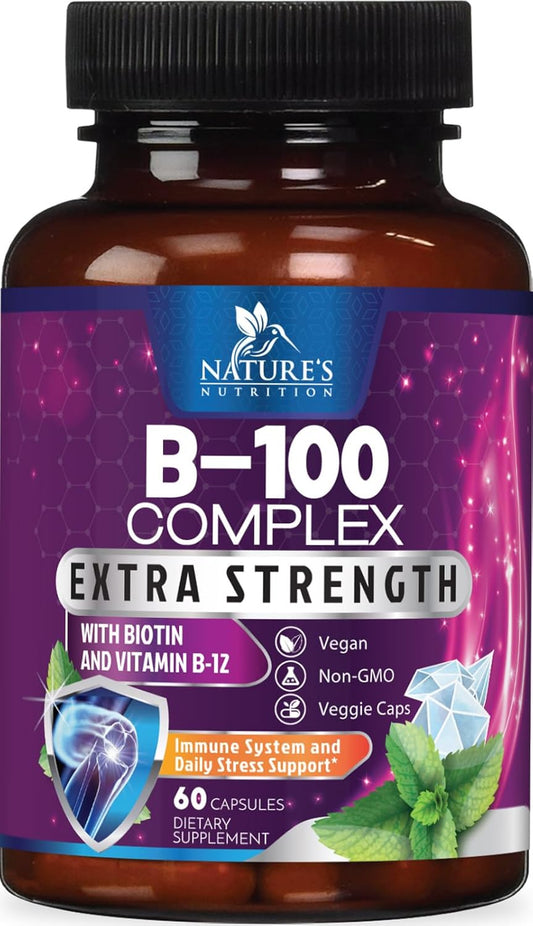 Super Complete B-Complex Vitamins Capsules with B6, B12, B100, C, Biotin, Folate & Folic Acid - Heart, Brain, Nerve Support - 60 Capsules