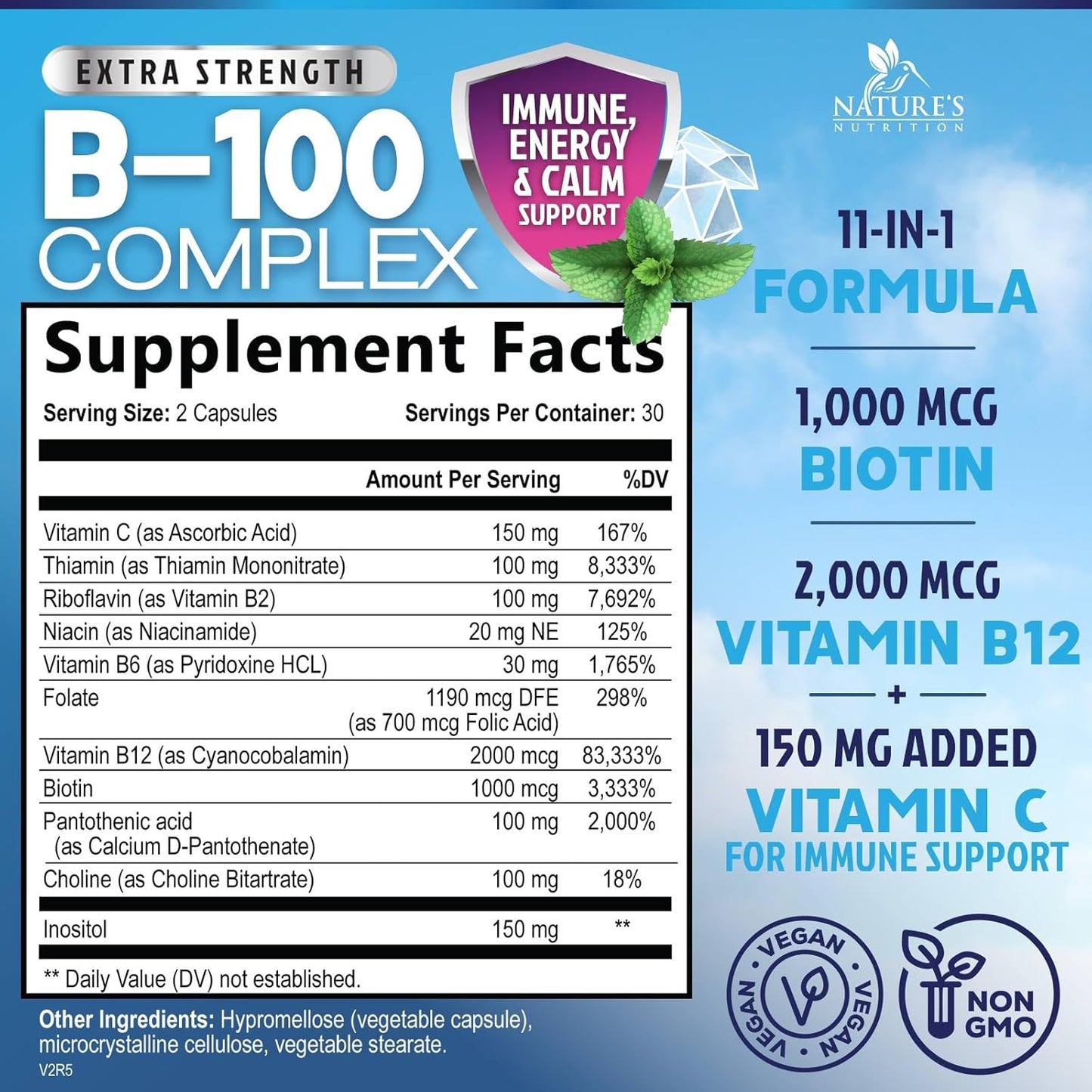 Super Complete B-Complex Vitamins Capsules with B6, B12, B100, C, Biotin, Folate & Folic Acid - Heart, Brain, Nerve Support - 60 Capsules