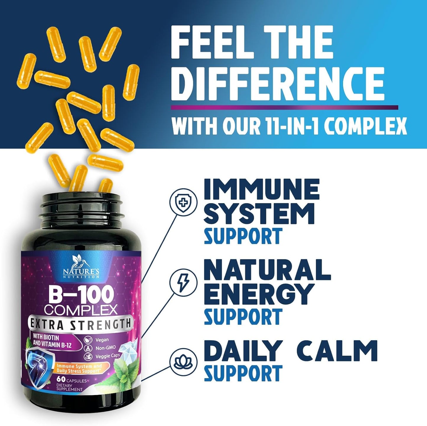 Super Complete B-Complex Vitamins Capsules with B6, B12, B100, C, Biotin, Folate & Folic Acid - Heart, Brain, Nerve Support - 60 Capsules
