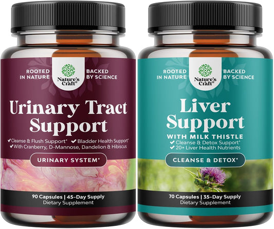 Super Concentrated Cranberry & Liver Cleanse Bundle - D Mannose Capsules for Women's Urinary Tract Health, Fast Acting 90ct - Herbal Liver Support Supplement.