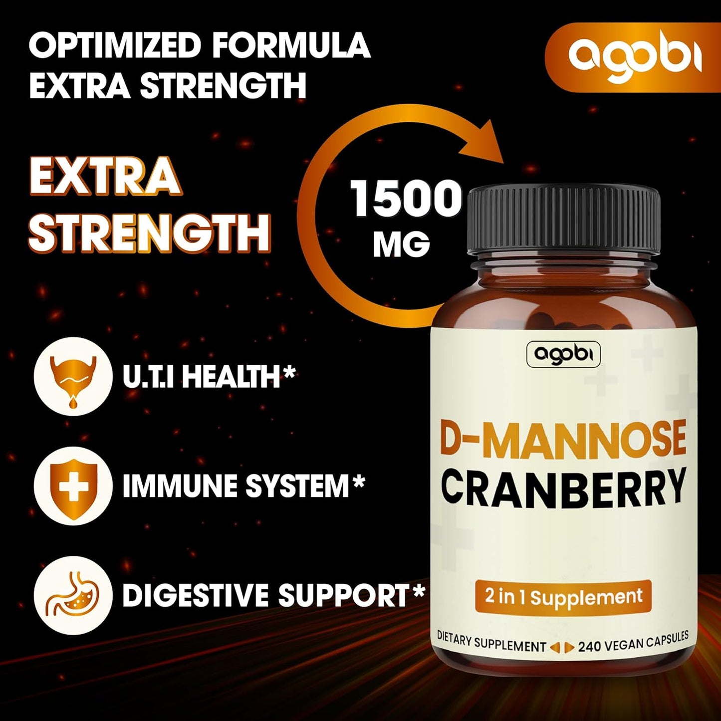 Super Concentrated D-Mannose and Cranberry Blend Capsules - 240 Vegan Pills for UTI, Digestive & Immune Support - 80 Day Supply - Gluten-Free, Non-GMO