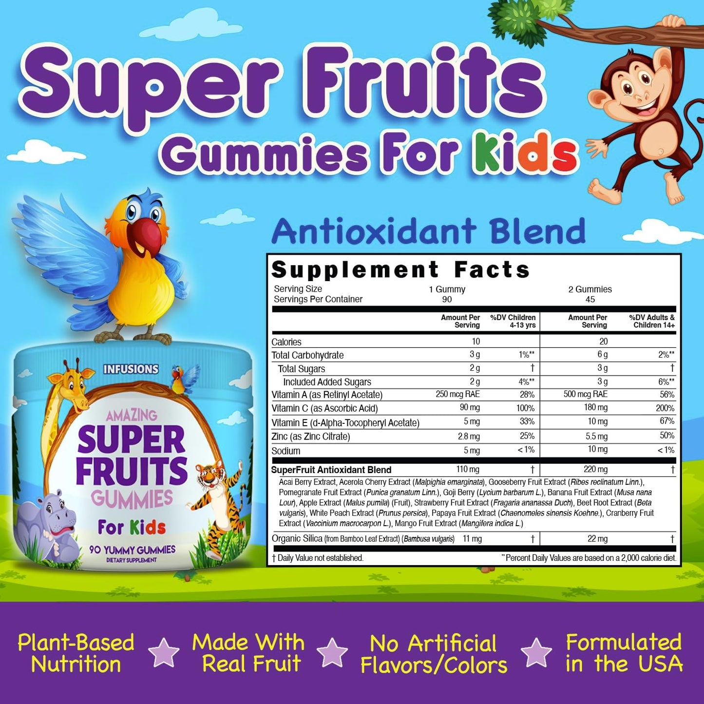 Super Fruit Gummies 180 Count with Vitamin A,C,E + Zinc - Organic Silica, Antioxidant Blend - Vegan Friendly - Gluten Free - Non-GMO - Pack of 2