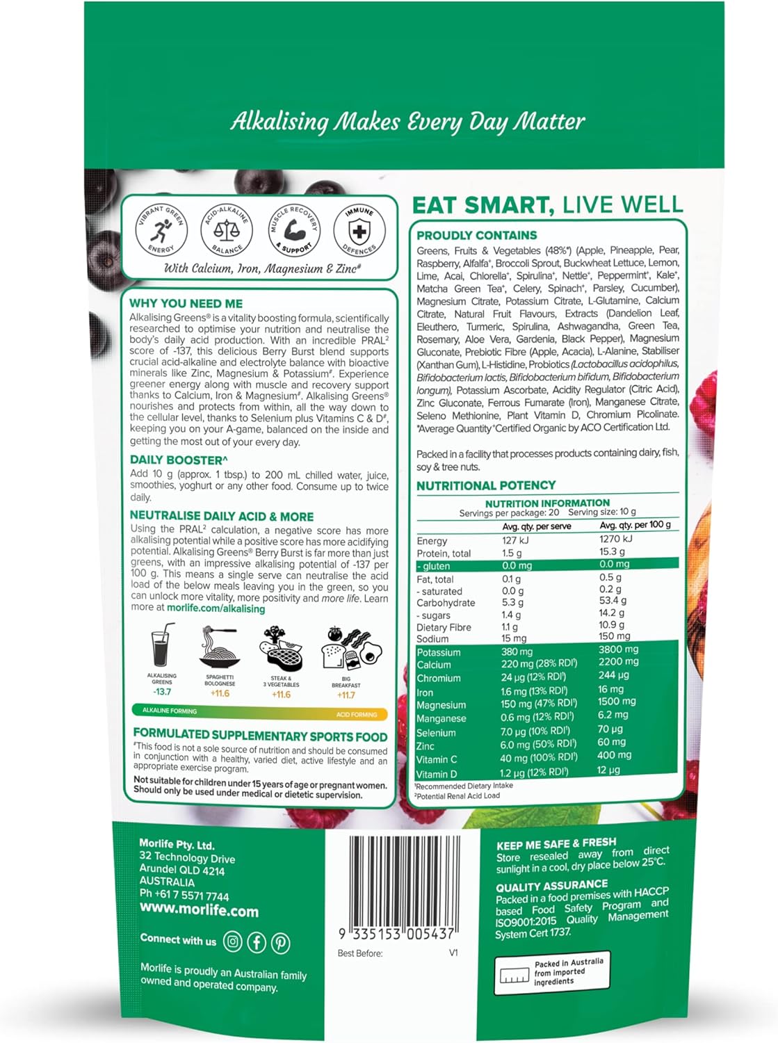 Super Greens and Berries Alkalizing Powder with Pre & Probiotics - Vegetarian Superfood Formula, 7 oz, 20 Servings