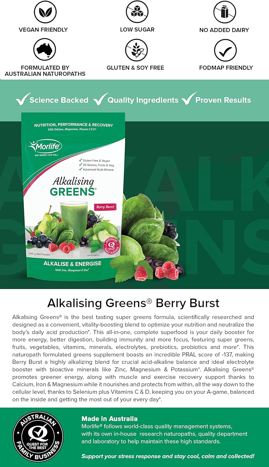 Super Greens and Berries Alkalizing Powder with Pre & Probiotics - Vegetarian Superfood Formula, 7 oz, 20 Servings