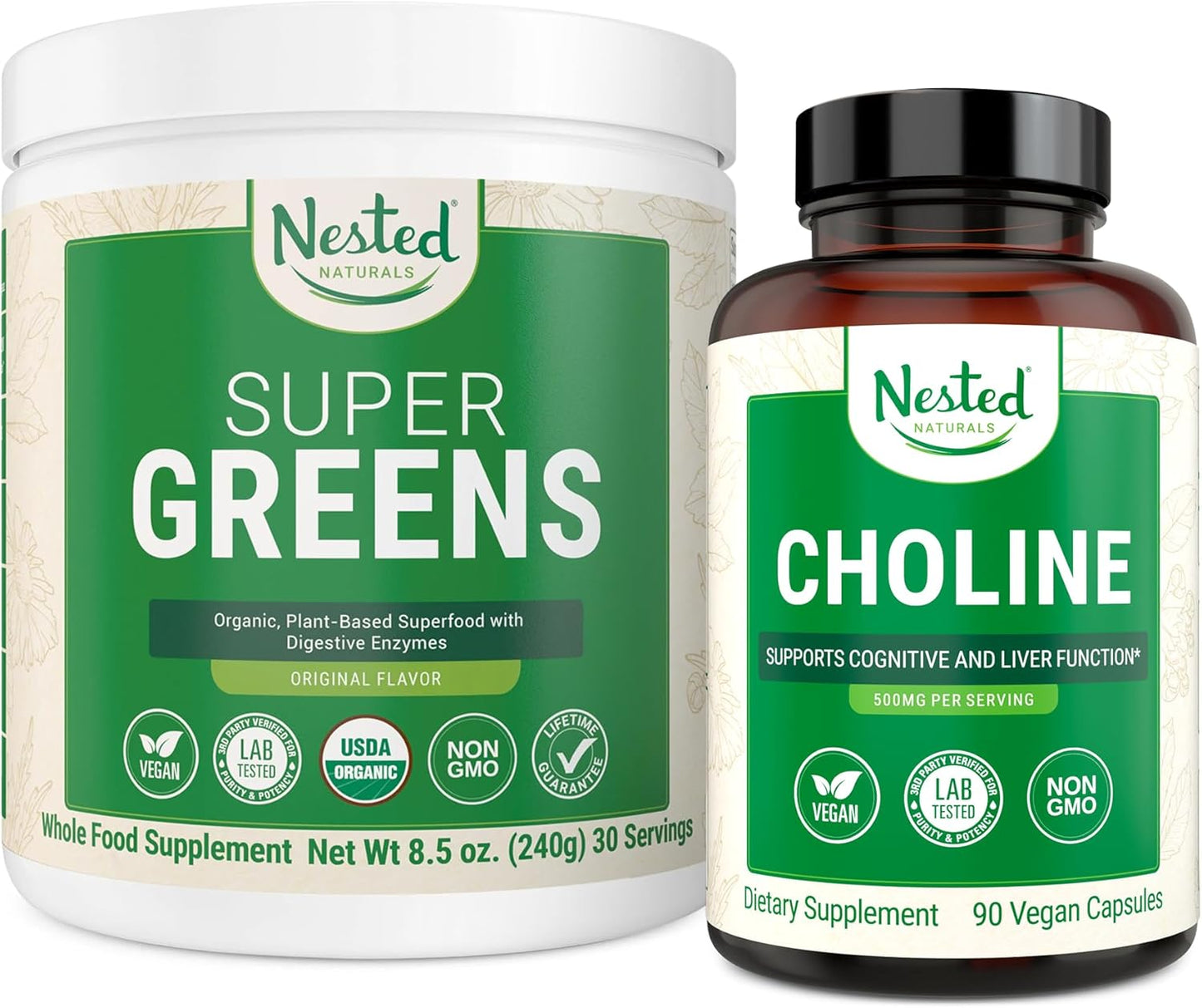 Super Greens & Choline Bundle | Organic Superfood Powder with Probiotics, Fiber & Choline Bitartrate for Cognitive Function & Energy Boost