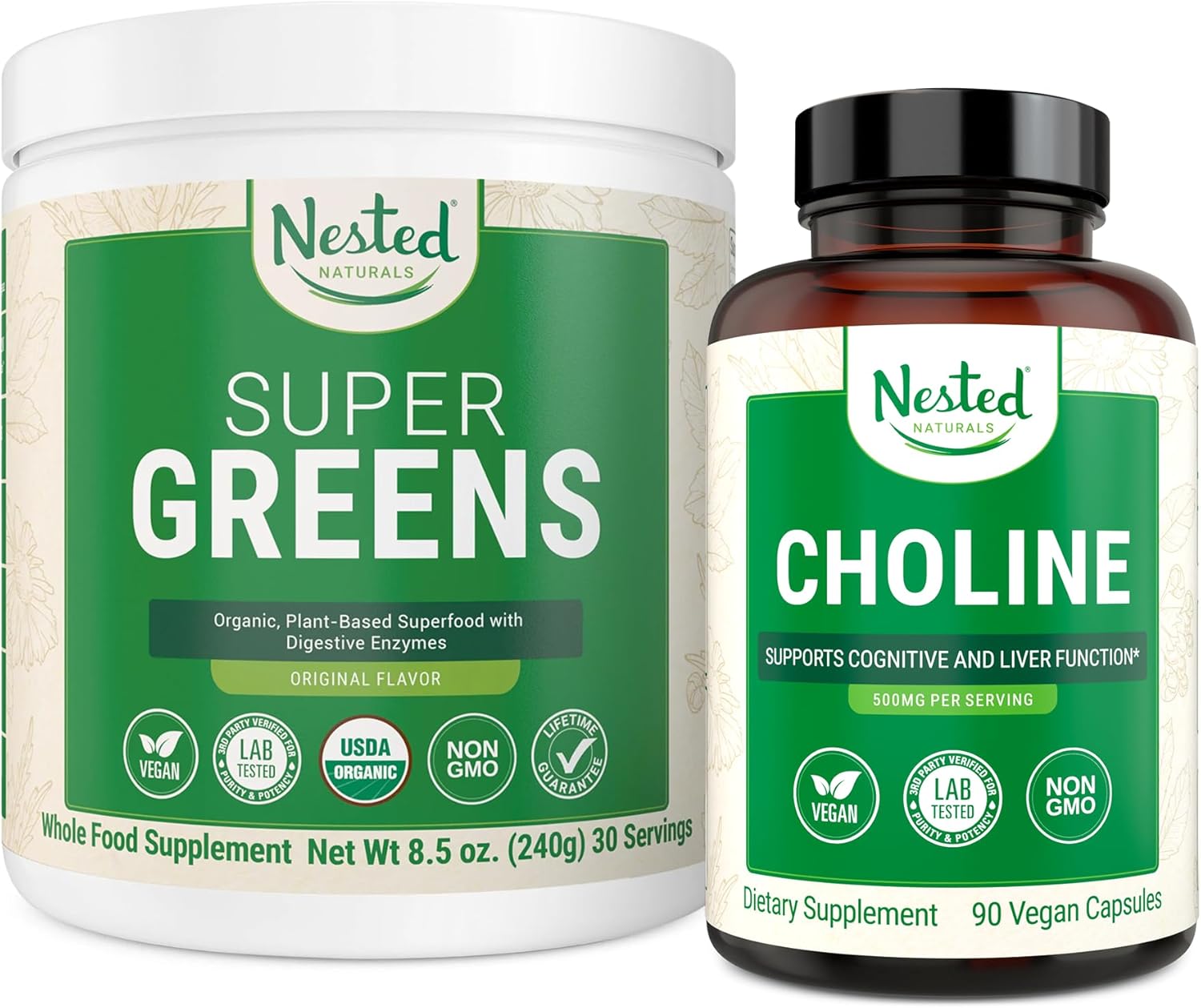Super Greens & Choline Bundle | Organic Superfood Powder with Probiotics, Fiber & Choline Bitartrate for Cognitive Function & Energy Boost