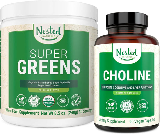 Super Greens & Choline Bundle | Organic Superfood Powder with Probiotics, Fiber & Choline Bitartrate for Cognitive Function & Energy Boost