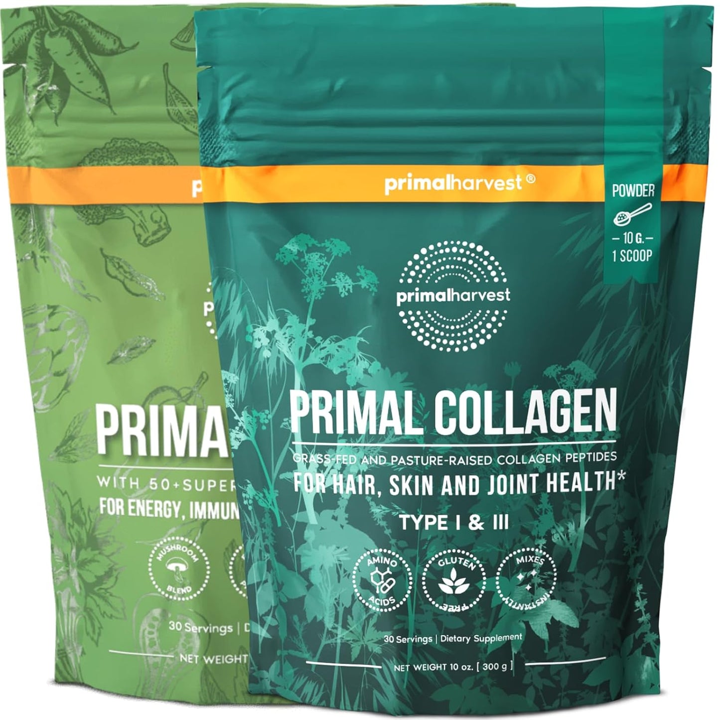 Super Greens & Collagen Powder Bundle for Hair, Skin, and Nails - Primal Harvest Men and Women Superfood Supplements