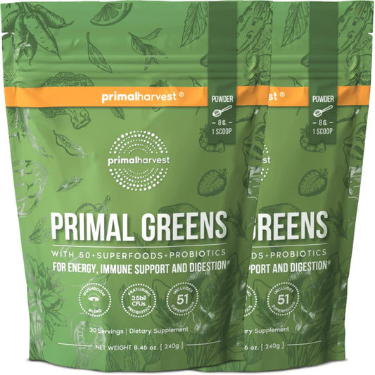 Super Greens Powder 2 Pack - 30 Servings with +50 Greens Superfood for Energy - Chlorella, Probiotics, Green Tea, Wheatgrass, Kale, Turmeric - Primal Harvest