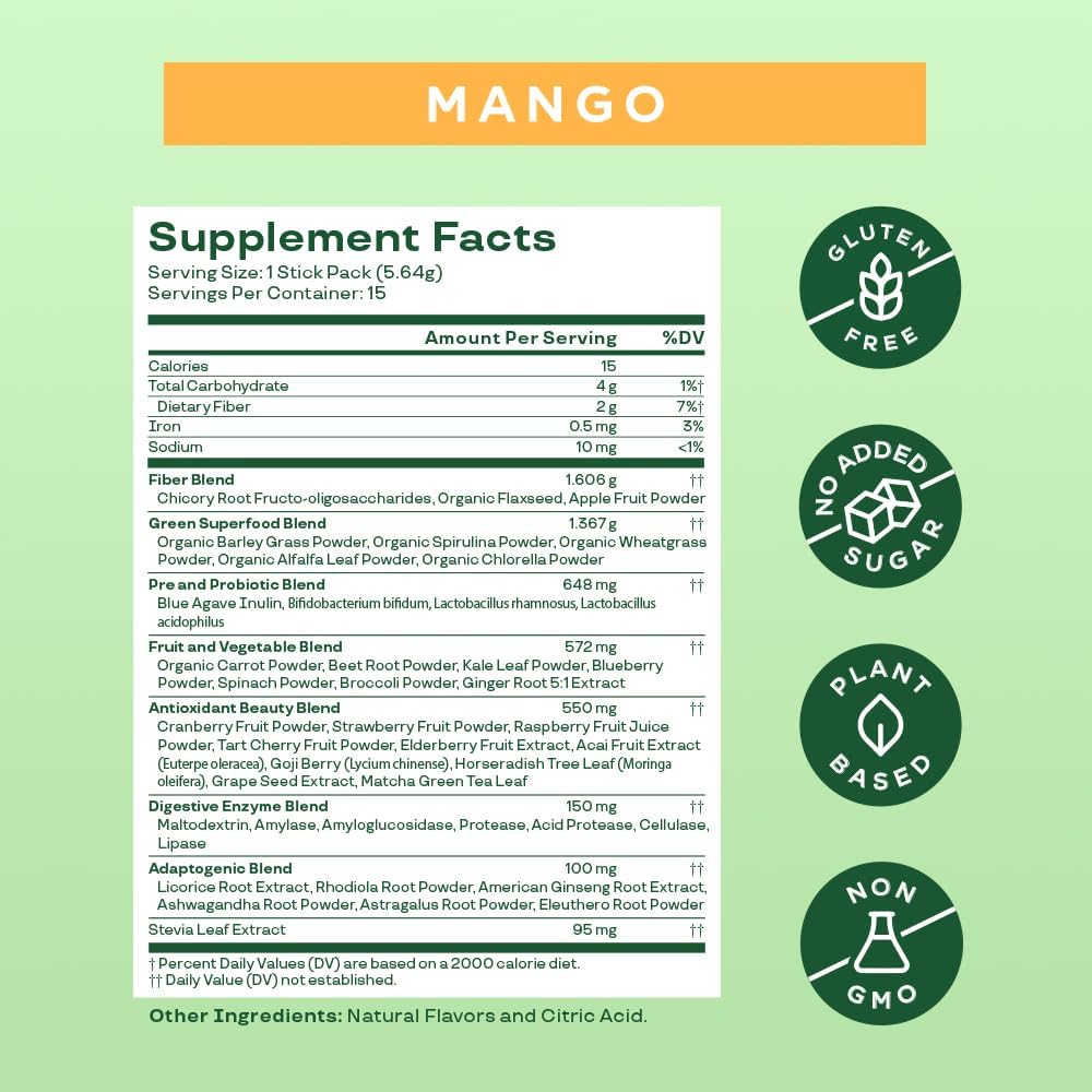 Super Greens Powder Stick Packs Bundle - Mango & Coconut - Perfect Stocking Stuffer for Nutrition Enthusiasts