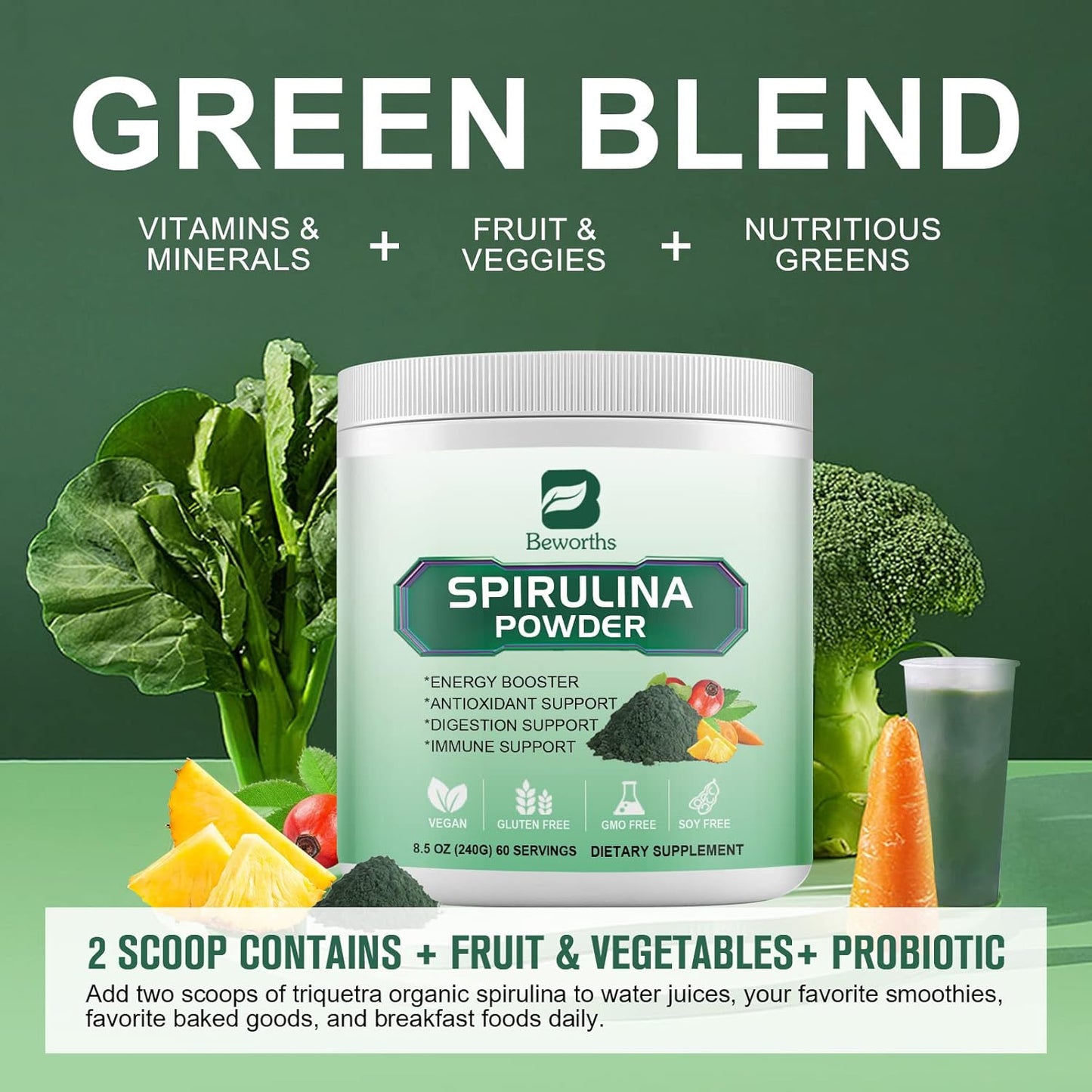 Super Greens Powder with Spirulina, Probiotics, Digestive Enzymes, Chlorella, and Wheat Grass for Immunity and Digestion - Vegan Formula for Smoothies & Juices