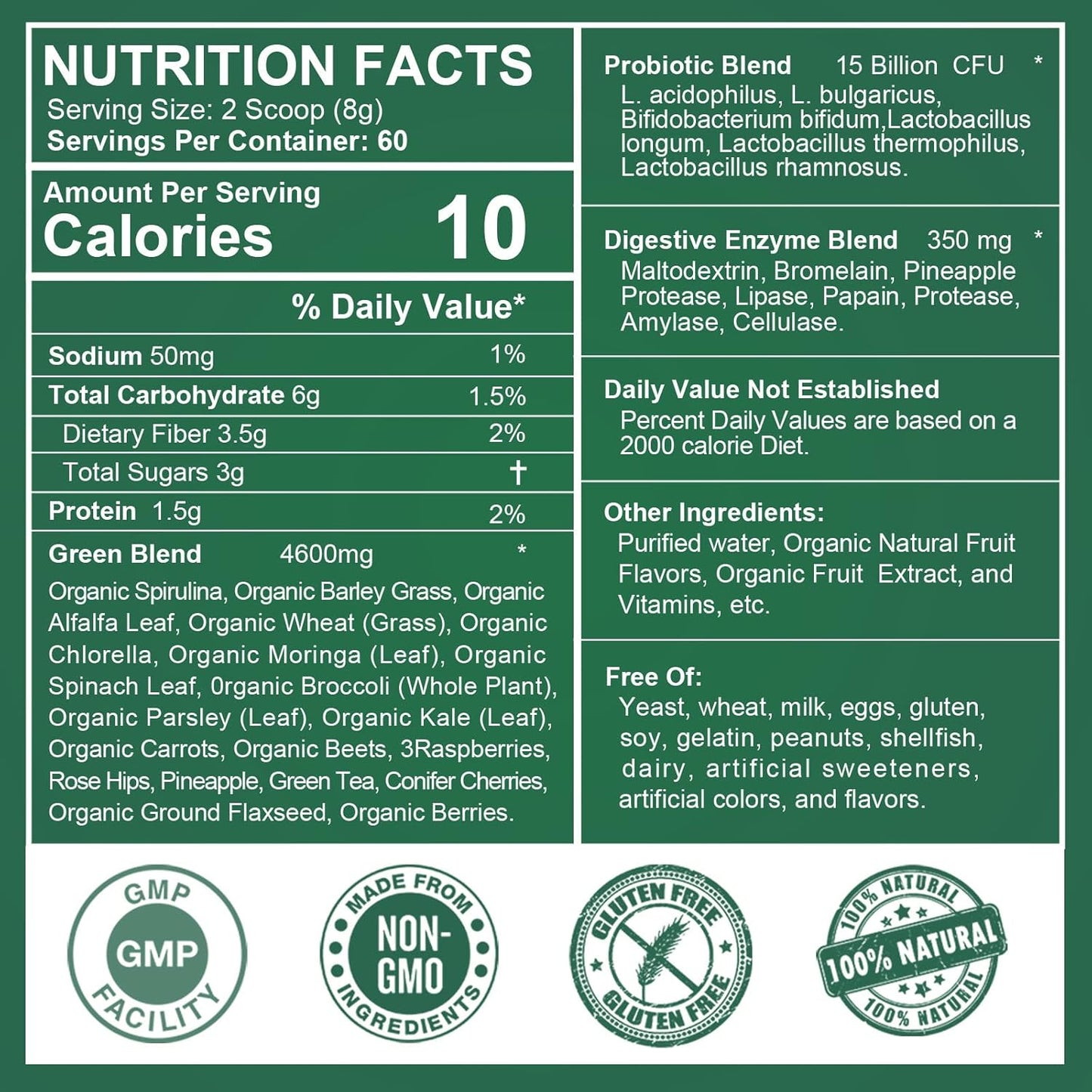 Super Greens Powder with Spirulina, Probiotics, Digestive Enzymes, Chlorella, and Wheat Grass for Immunity and Digestion - Vegan Formula for Smoothies & Juices