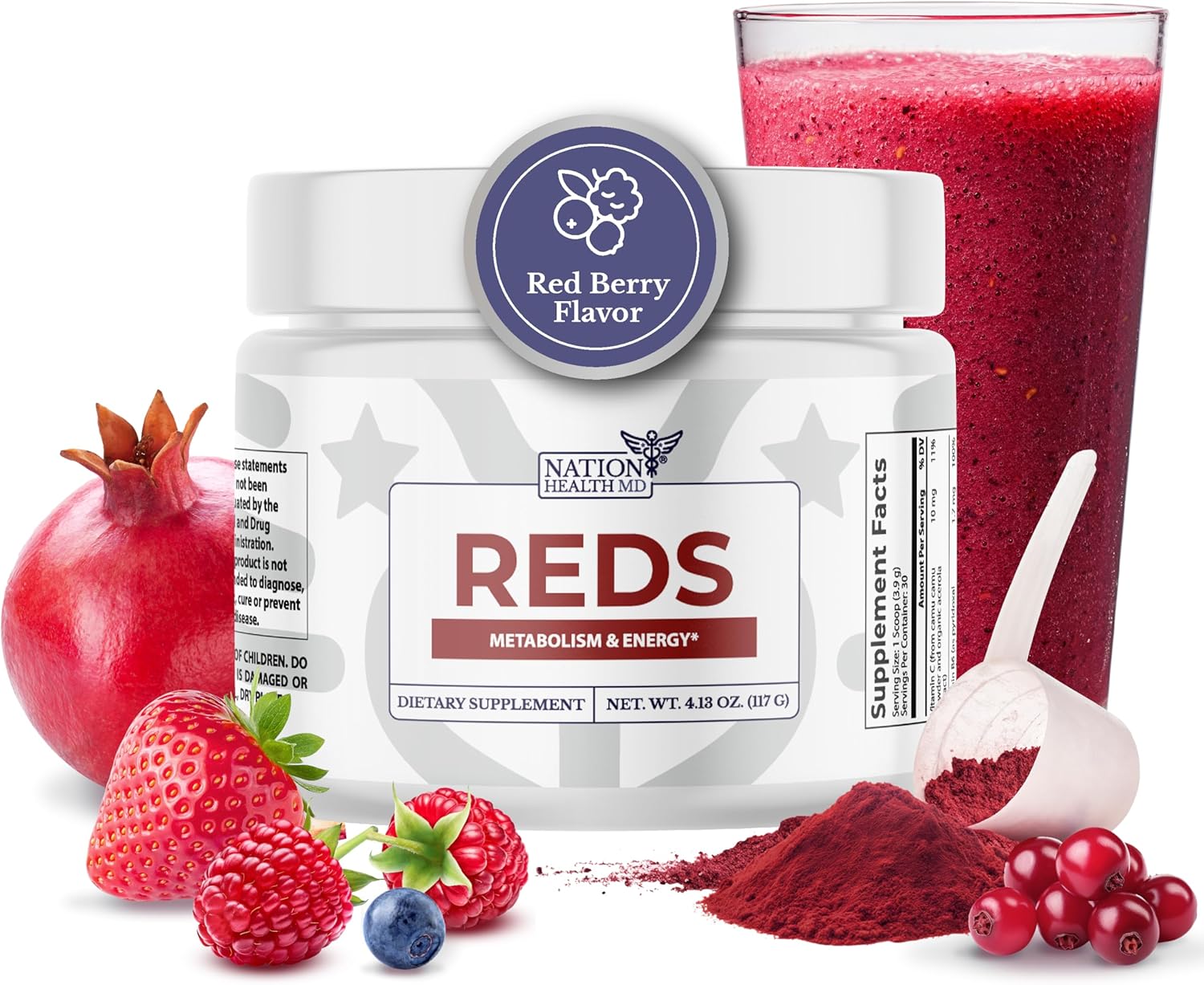 Super Reds Powder with 39 Superfoods, Antioxidant-Rich Red Powder Superfood for Energy, Metabolism, Gut Health - Red Berry Flavor