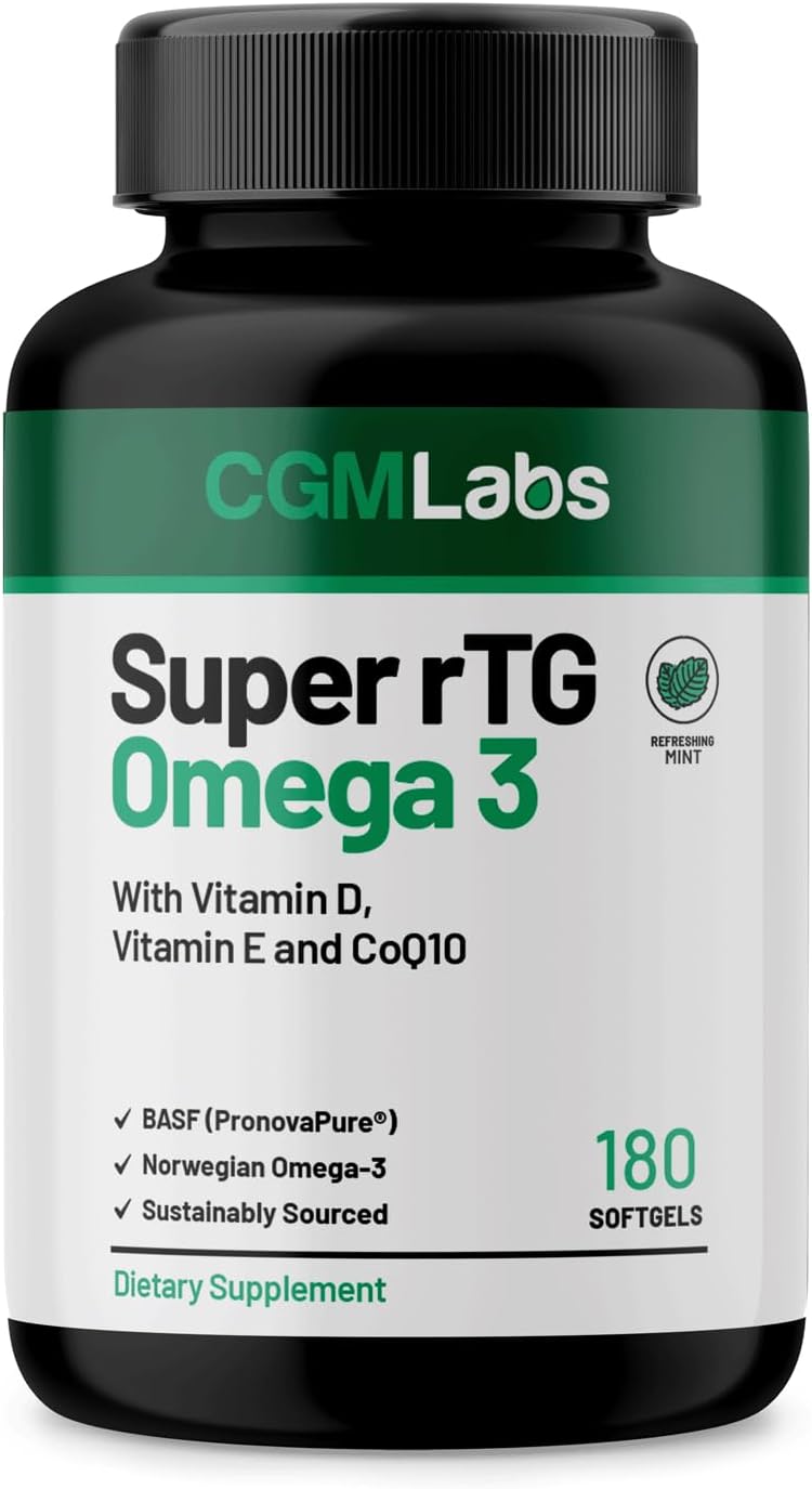 Super rTG Omega 3 Norwegian Fish Oil with CoQ10 for Heart Health & Antioxidant Support - 180 Softgels, 2000 mg, Vitamins D & E - CGMLABS