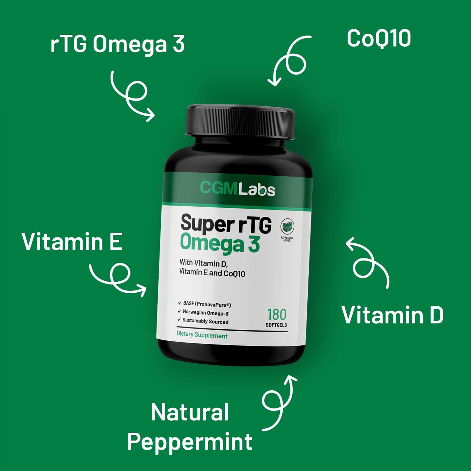 Super rTG Omega 3 Norwegian Fish Oil with CoQ10 for Heart Health & Antioxidant Support - 180 Softgels, 2000 mg, Vitamins D & E - CGMLABS