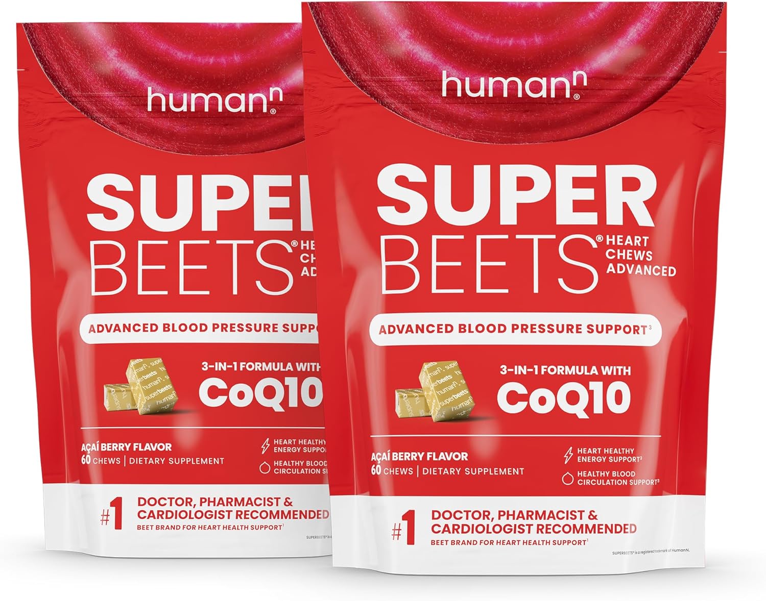 SuperBeets Heart Chews Advanced with 100mg CoQ10, Beetroot, Grape Seed Extract - 120 Count
