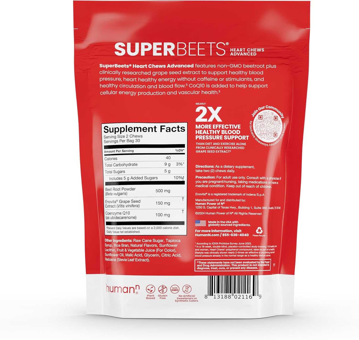 SuperBeets Heart Chews Advanced with 100mg CoQ10, Beetroot, Grape Seed Extract - 120 Count