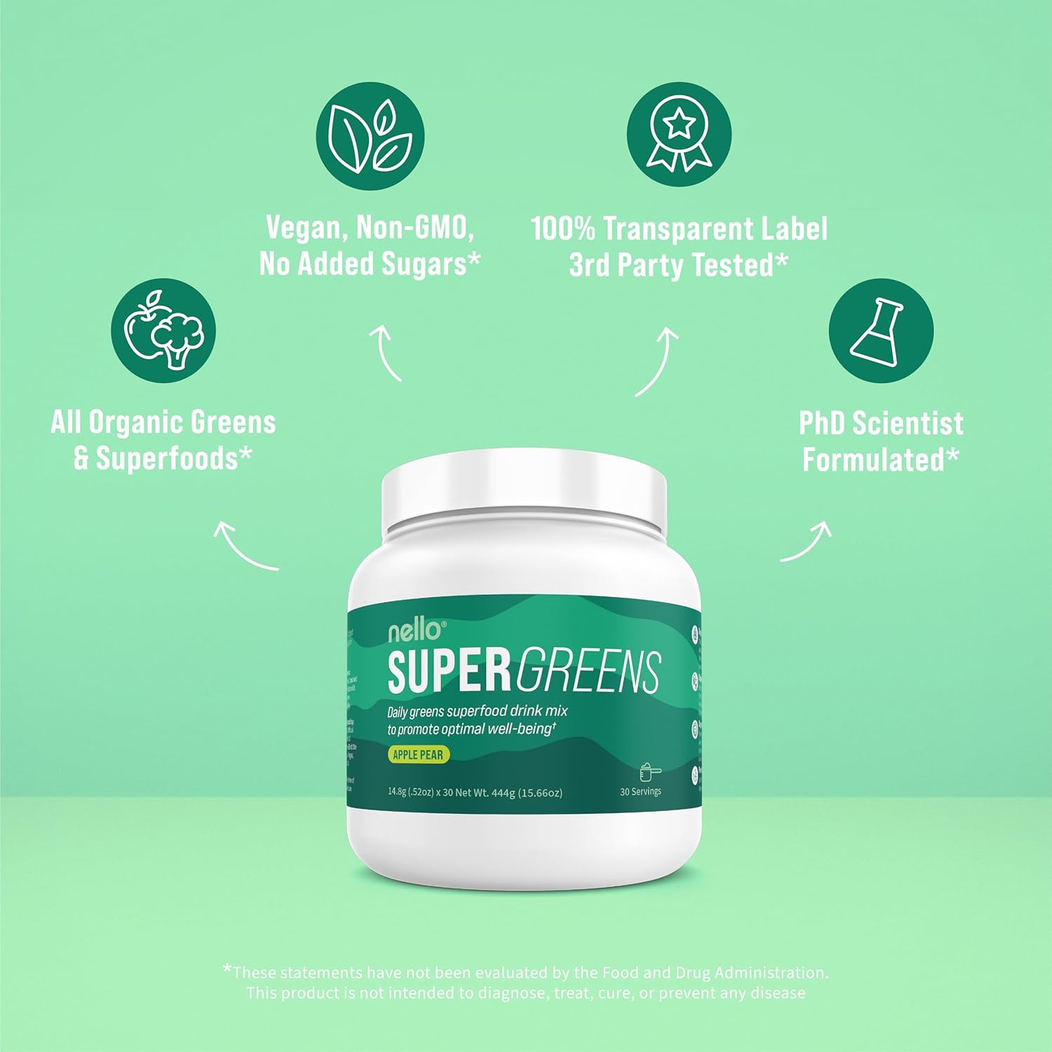 Superfood Greens Drink Mix with Chlorella, Moringa, Spinach, Broccoli, & Enzymes - Nutrient-Rich Powder for Wellness (30 Servings)