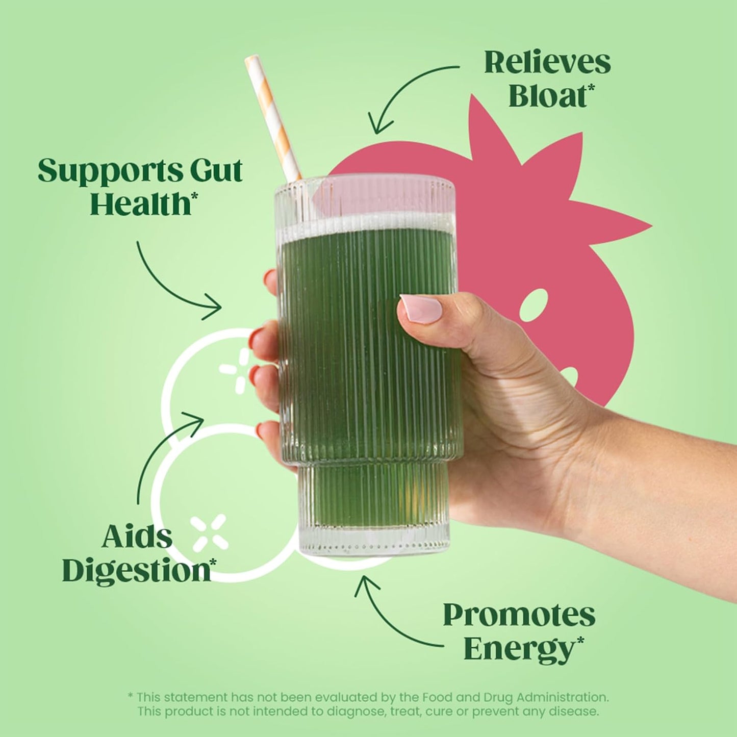 Superfood Greens Powder Stick Packs with Digestive Enzymes, Probiotics, and Prebiotics for Women - Gut Health and Bloating Relief, Chlorella and Green Juice Mix - 15 Servings, Berry Flavor