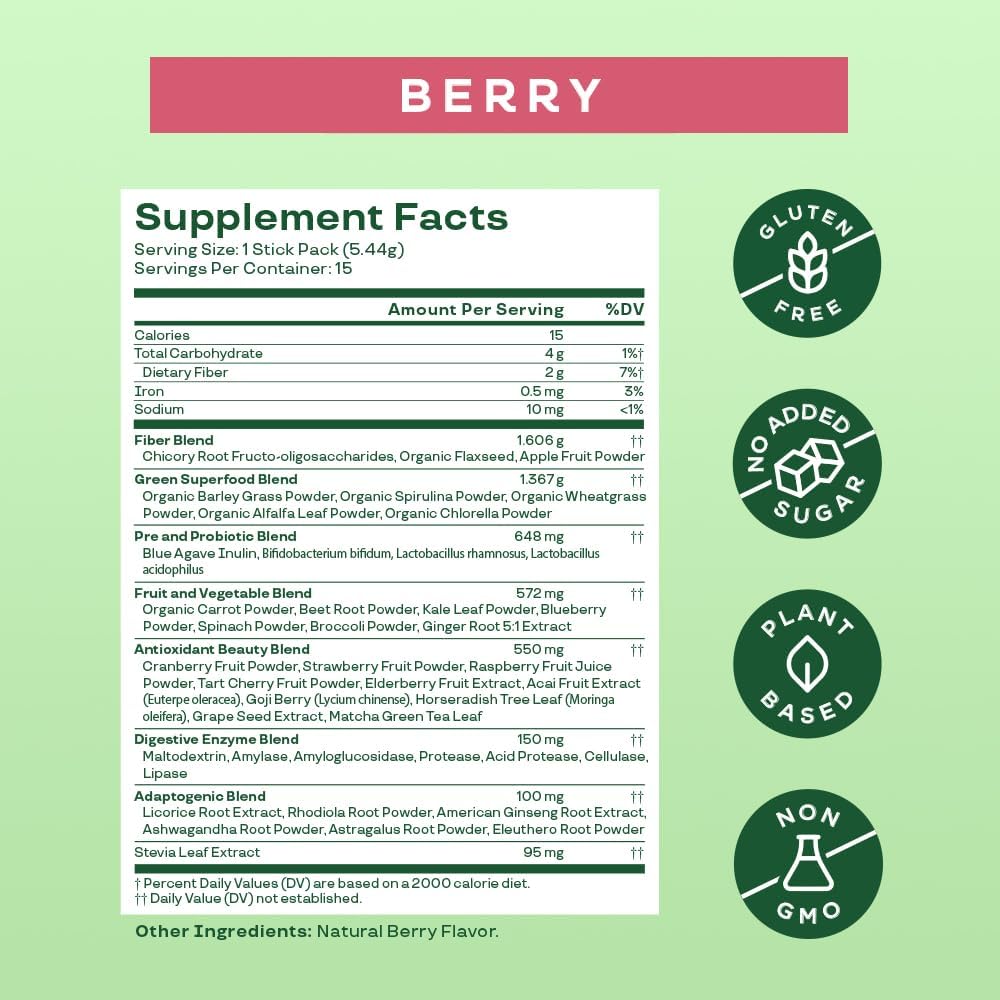 Superfood Greens Powder Stick Packs with Digestive Enzymes, Probiotics, and Prebiotics for Women - Gut Health and Bloating Relief, Chlorella and Green Juice Mix - 15 Servings, Berry Flavor