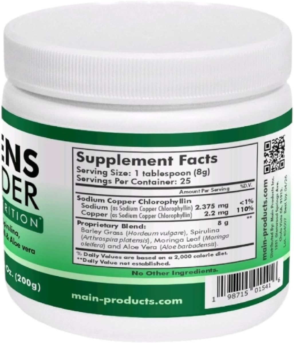 Superfood Greens Powder with Barley Grass, Spirulina, Moringa, Chlorophyll, and Aloe Vera - 7.05 Oz (200g)