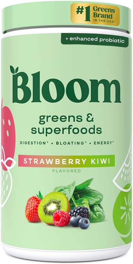 Superfood Greens Powder with Digestive Enzymes, Probiotics, and Prebiotics for Gut Health and Bloating Relief - Chlorella and Beet Root Powder Juice Mix for Women - 60 Servings, Strawberry Kiwi Flavor