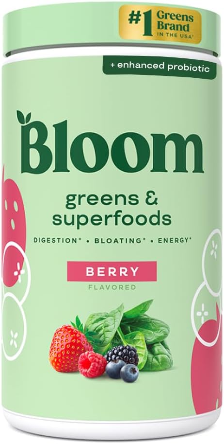 Superfood Greens Powder with Digestive Enzymes, Probiotics, and Prebiotics for Gut Health and Bloating Relief - Chlorella, Beet Root, Berry - 60 Servings