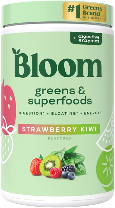 Superfood Greens Powder with Digestive Enzymes, Probiotics, and Prebiotics for Gut Health and Bloating Relief - Strawberry Kiwi Juice Mix with Chlorella and Beet Root Powder, 25 Servings
