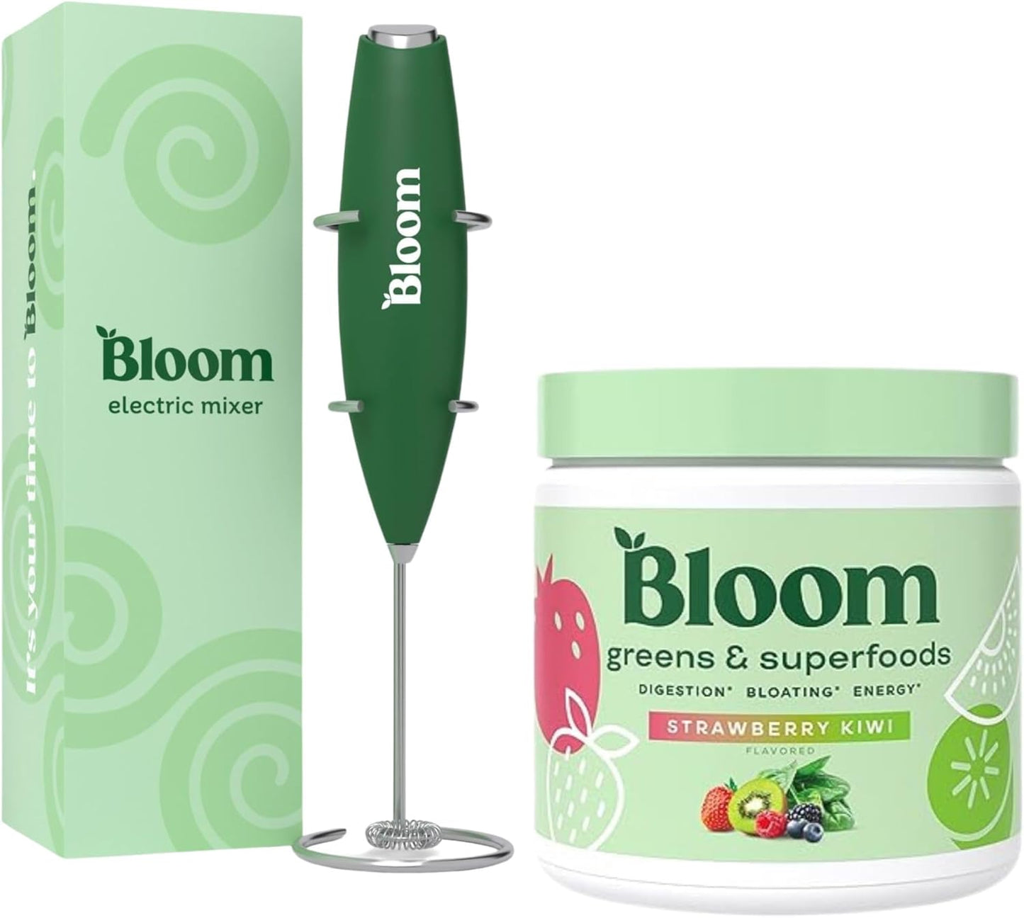 Superfood Greens Powder with Digestive Enzymes, Probiotics, and Prebiotics for Gut Health and Bloating Relief - Strawberry Kiwi Flavor + Milk Frother Hand Mixer