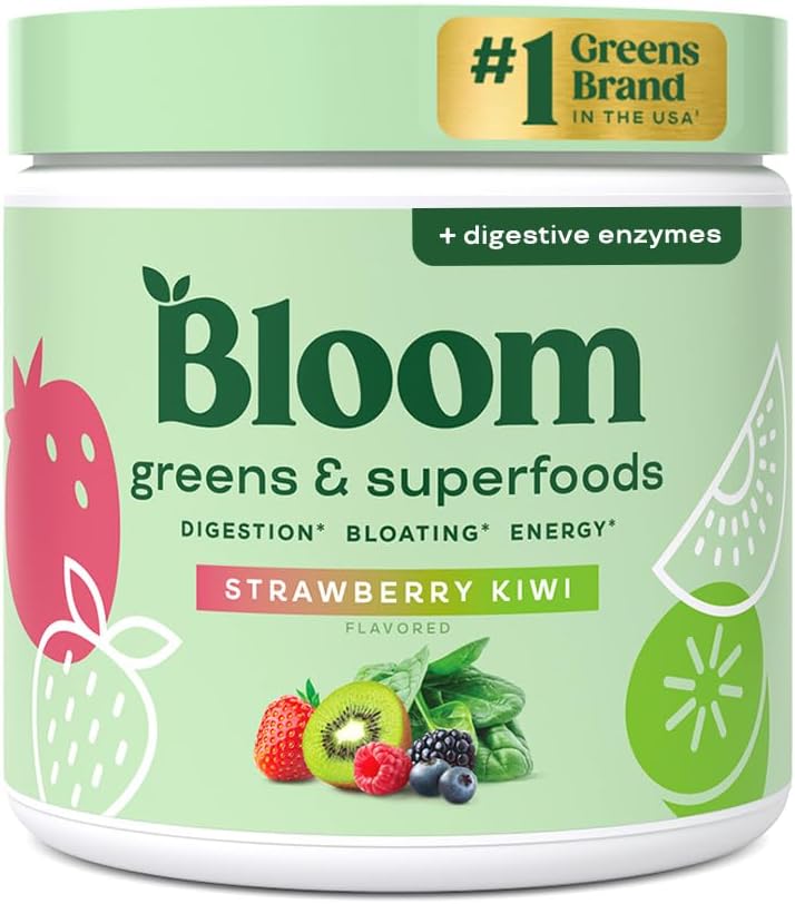 Superfood Greens Powder with Digestive Enzymes, Probiotics, and Prebiotics for Gut Health and Bloating Relief - Strawberry Kiwi Flavor + Milk Frother Hand Mixer
