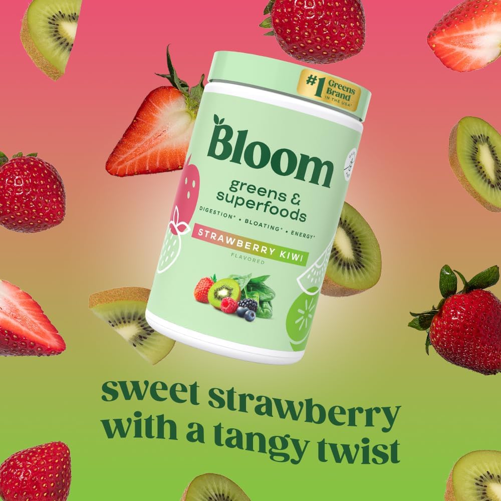 Superfood Greens Powder with Digestive Enzymes, Probiotics, and Prebiotics for Gut Health and Bloating Relief - Strawberry Kiwi Juice Mix with Chlorella and Beet Root Powder, 25 Servings