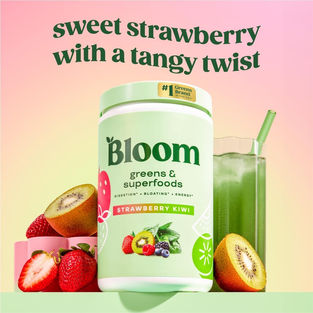 Superfood Greens Powder with Digestive Enzymes, Probiotics, and Prebiotics for Gut Health and Bloating Relief - Chlorella and Beet Root Powder Juice Mix for Women - 60 Servings, Strawberry Kiwi Flavor