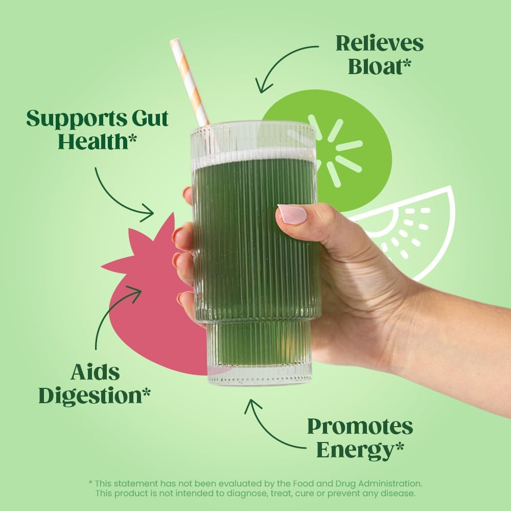 Superfood Greens Powder with Digestive Enzymes, Probiotics, and Prebiotics for Gut Health and Bloating Relief - Strawberry Kiwi Juice Mix with Chlorella and Beet Root Powder, 25 Servings