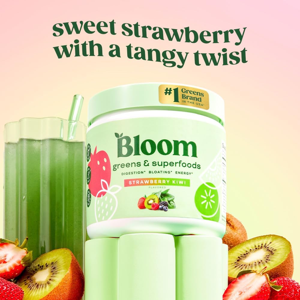 Superfood Greens Powder with Digestive Enzymes, Probiotics, and Prebiotics for Gut Health and Bloating Relief - Strawberry Kiwi Flavor + Milk Frother Hand Mixer