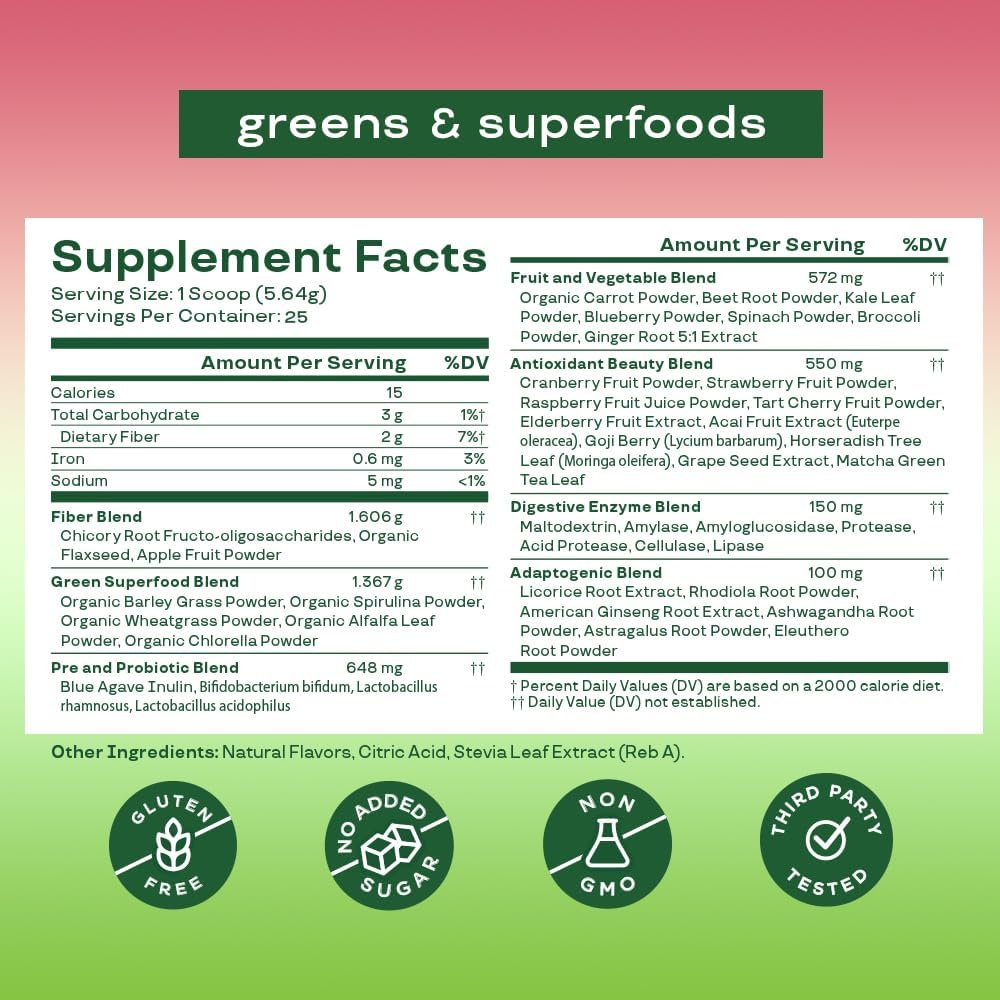 Superfood Greens Powder with Digestive Enzymes, Probiotics, and Prebiotics for Gut Health and Bloating Relief - Strawberry Kiwi Juice Mix with Chlorella and Beet Root Powder, 25 Servings