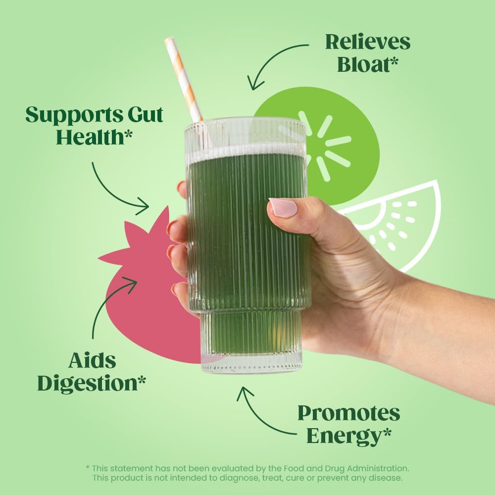 Superfood Greens Powder with Digestive Enzymes, Probiotics, and Prebiotics for Gut Health and Bloating Relief - Strawberry Kiwi Flavor + Milk Frother Hand Mixer