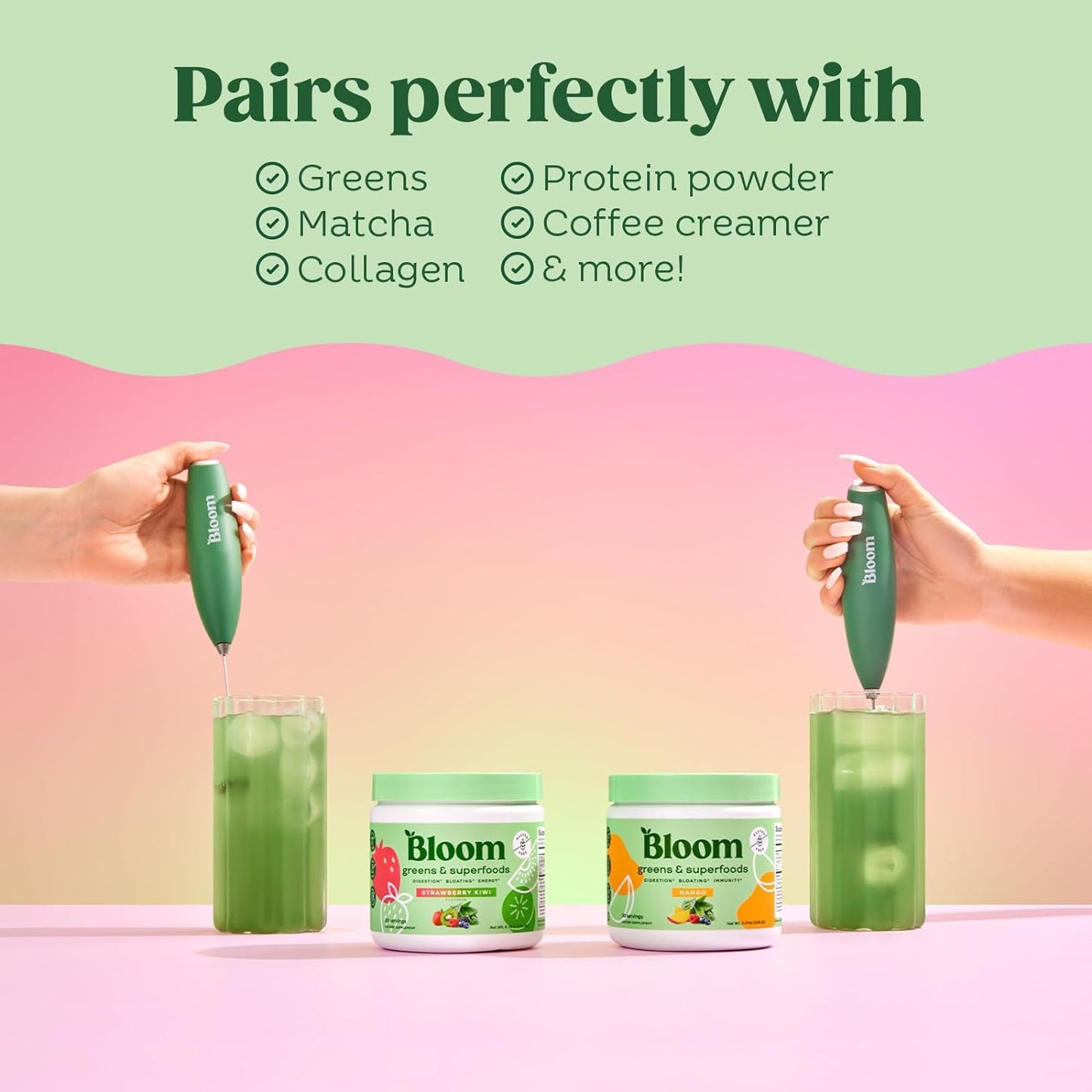 Superfood Greens Powder with Digestive Enzymes, Probiotics, Prebiotics, Mango Flavor, Milk Frother Hand Mixer for Gut Health