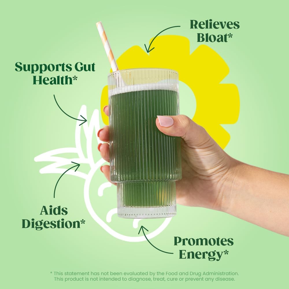 Superfood Greens Powder with Probiotics, Prebiotics, and Enzymes for Women's Gut Health and Bloating Relief - Chlorella, Beet Root, Pineapple Juice Mix - 25 Servings