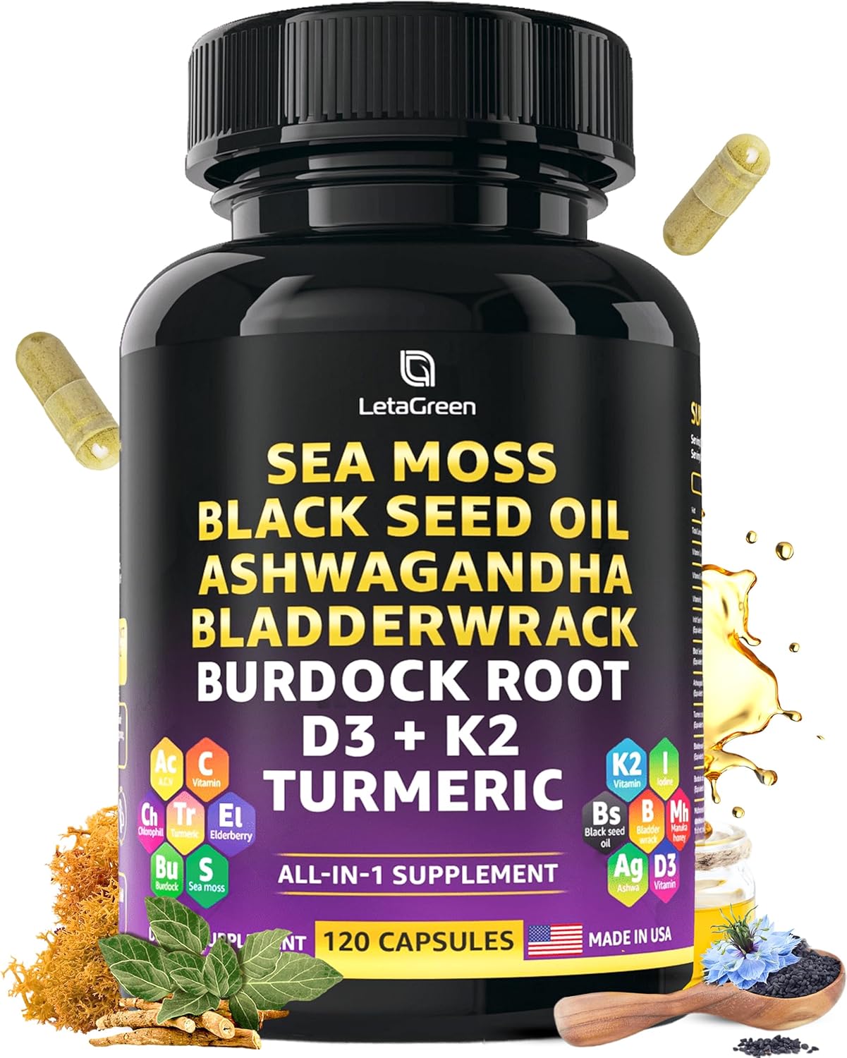 Superfood Immune Support Capsules with Sea Moss, Black Seed Oil, Ashwagandha, Bladderwrack, Burdock, Turmeric, Vitamins, and Minerals 120 Count - BoostGo Australia