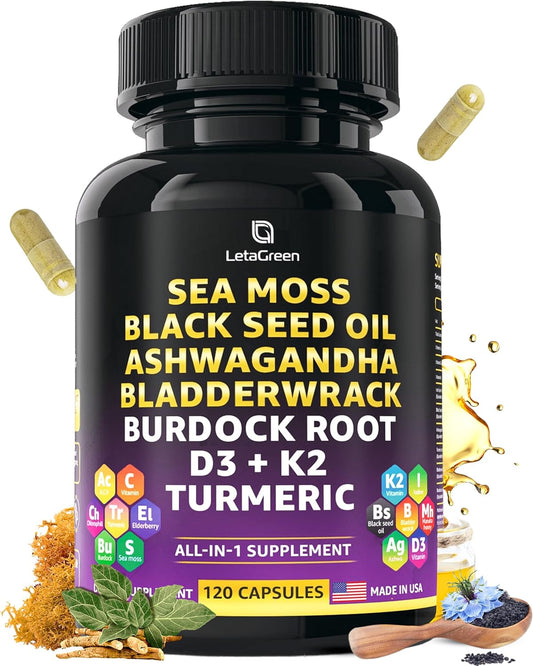Superfood Immune Support Capsules with Sea Moss, Black Seed Oil, Ashwagandha, Bladderwrack, Burdock, Turmeric, Vitamins, and Minerals 120 Count - BoostGo Australia