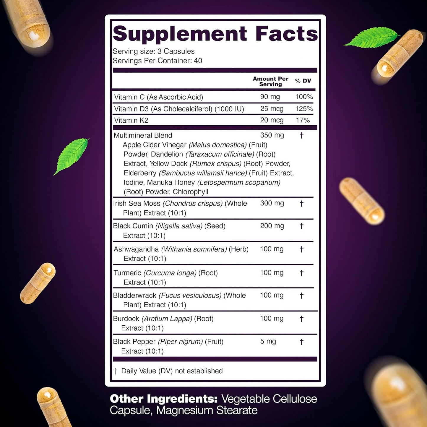 Superfood Immune Support Capsules with Sea Moss, Black Seed Oil, Ashwagandha, Bladderwrack, Burdock, Turmeric, Vitamins, and Minerals 120 Count - BoostGo Australia