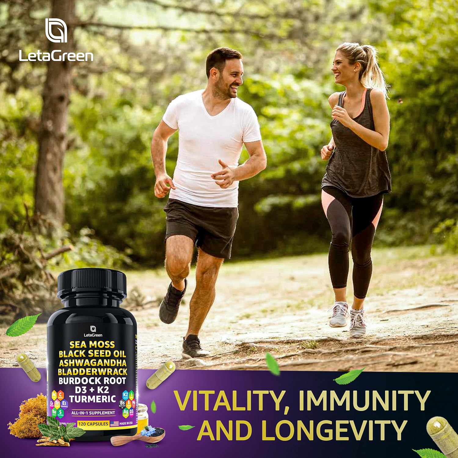 Superfood Immune Support Capsules with Sea Moss, Black Seed Oil, Ashwagandha, Bladderwrack, Burdock, Turmeric, Vitamins, and Minerals 120 Count - BoostGo Australia