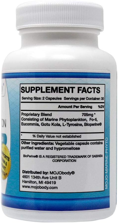 Superfood MOJObody Freeze Dried Marine Phytoplankton Capsules with BioPerine for Brain & Heart Health, High Absorption