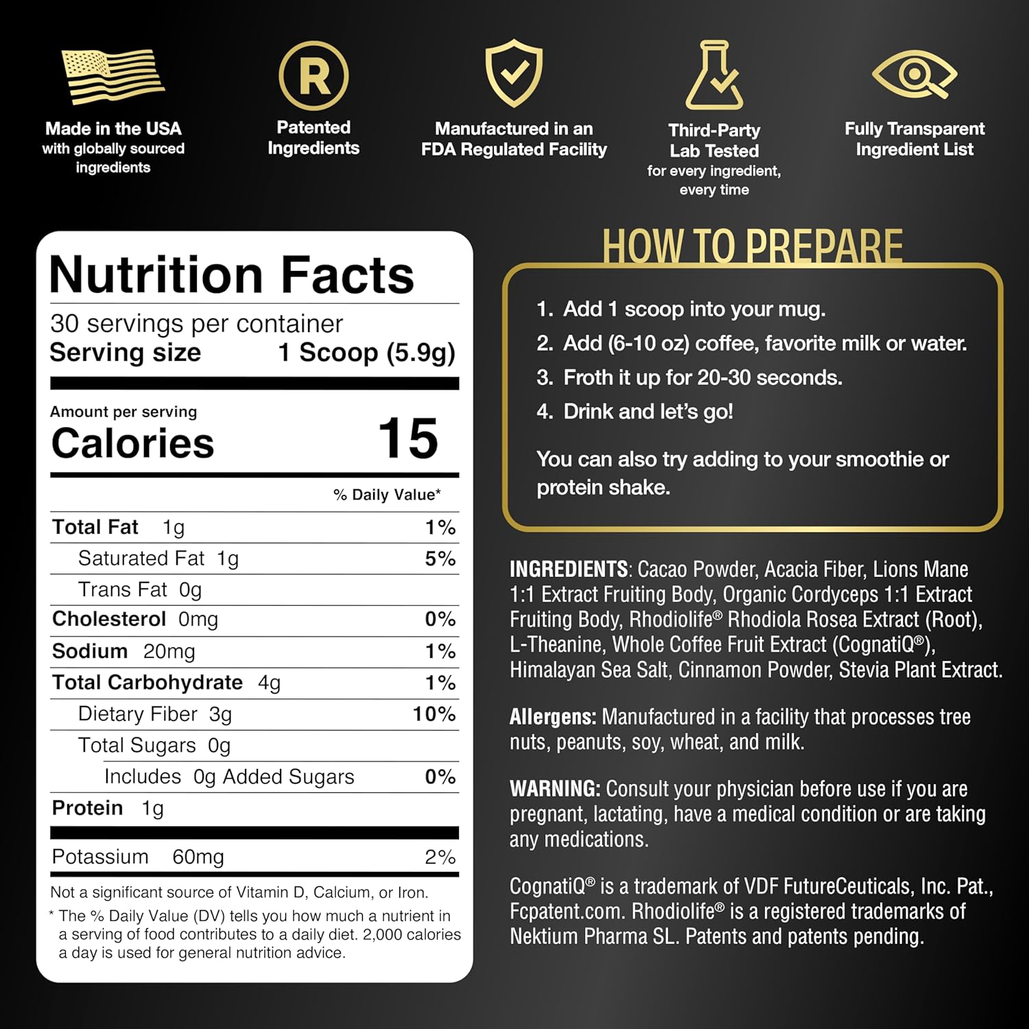 Superfood Mushroom Coffee Enhancer - Lion's Mane, Rhodiola, Cordyceps, Cacao - Caffeine & Sugar Free - 30 Servings