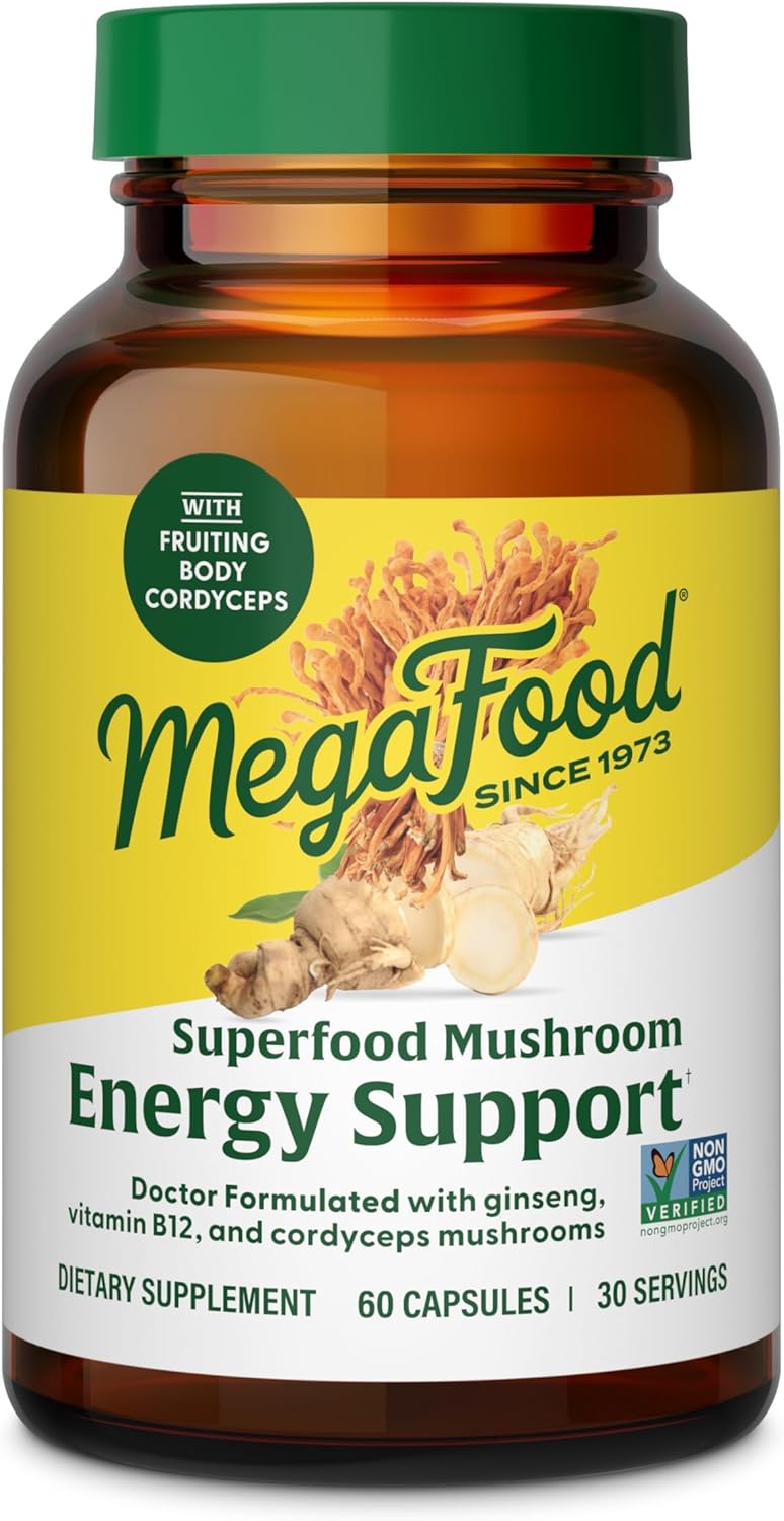 Superfood Mushroom Energy Support Supplement - Cordyceps Mushroom with Methylated B12 & Panax Ginseng - Gluten-Free, Vegan - 60 Capsules