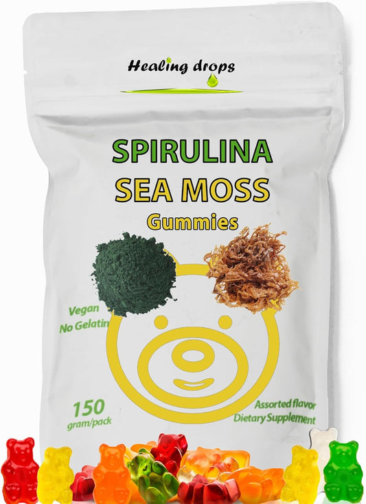 Superfood Spirulina Sea Moss Gummy Bears for Overall Wellness - Healing Drops Spirulina & Sea Moss Gummies Made with Blue-Green Powder & Extract