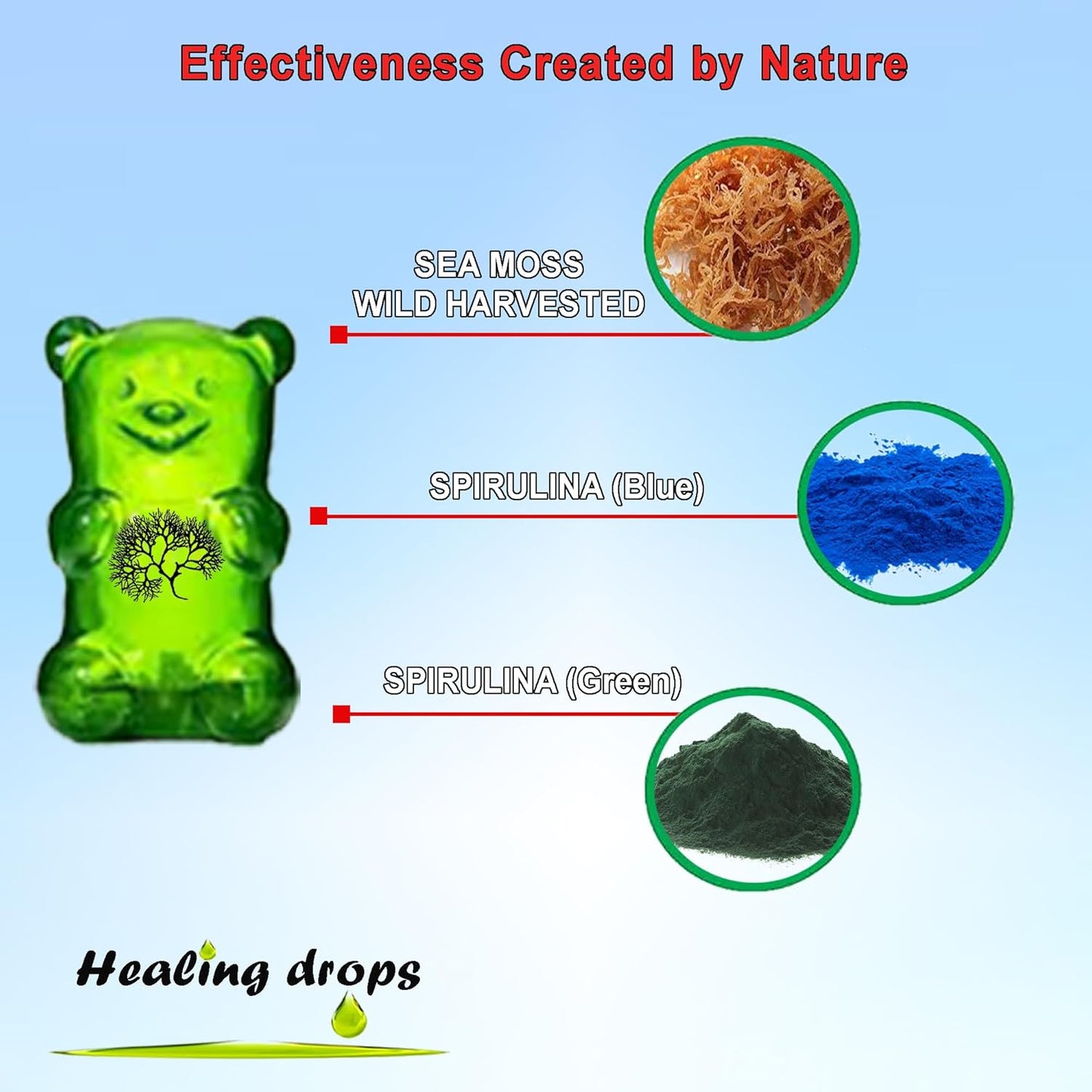 Superfood Spirulina Sea Moss Gummy Bears for Overall Wellness - Healing Drops Spirulina & Sea Moss Gummies Made with Blue-Green Powder & Extract