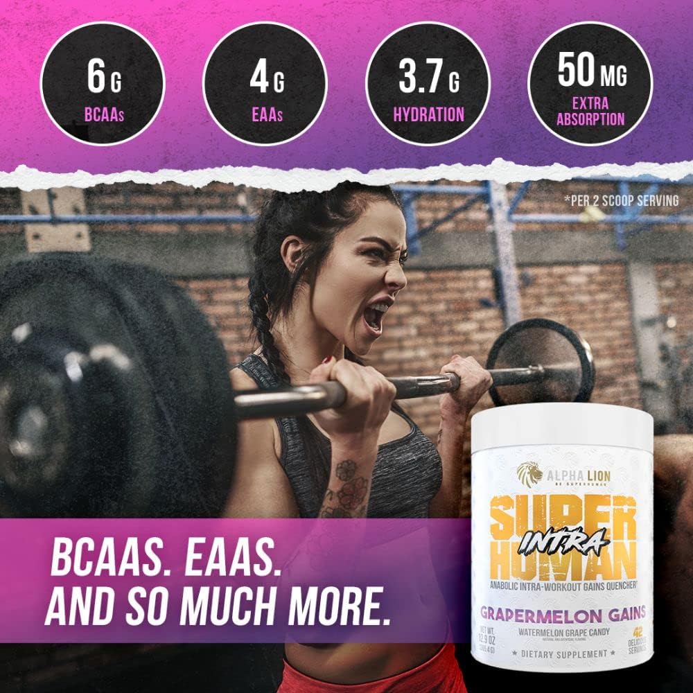 Superhuman Intra Workout Powder - Amino Acids & BCAA Drink for Muscle Recovery, Electrolytes & Hydration - Watermelon Grape Candy Flavor (42 Servings)